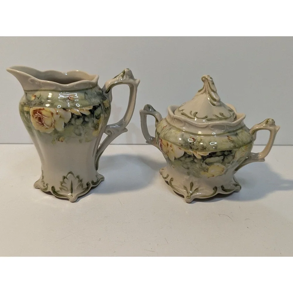 Victorian porcelain‎ floral cream and sugar